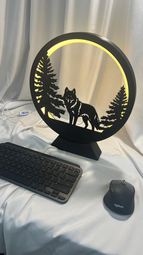 3D Printed Lone Wolf LED Lamp: Woodland Cabin Desk Decor