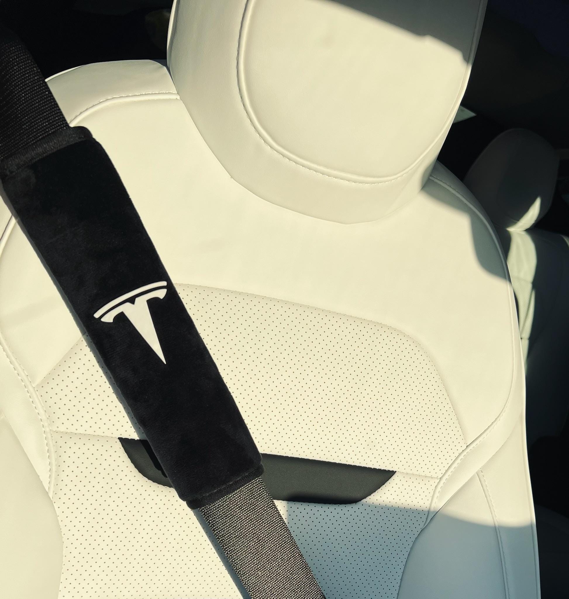 2pcs Handmade Plush Tesla Logo Seat Belt Cover | Ultra-Soft Shoulder Pad for Model 3, Y, S, X | Tesla Gift| Made in the USA!
