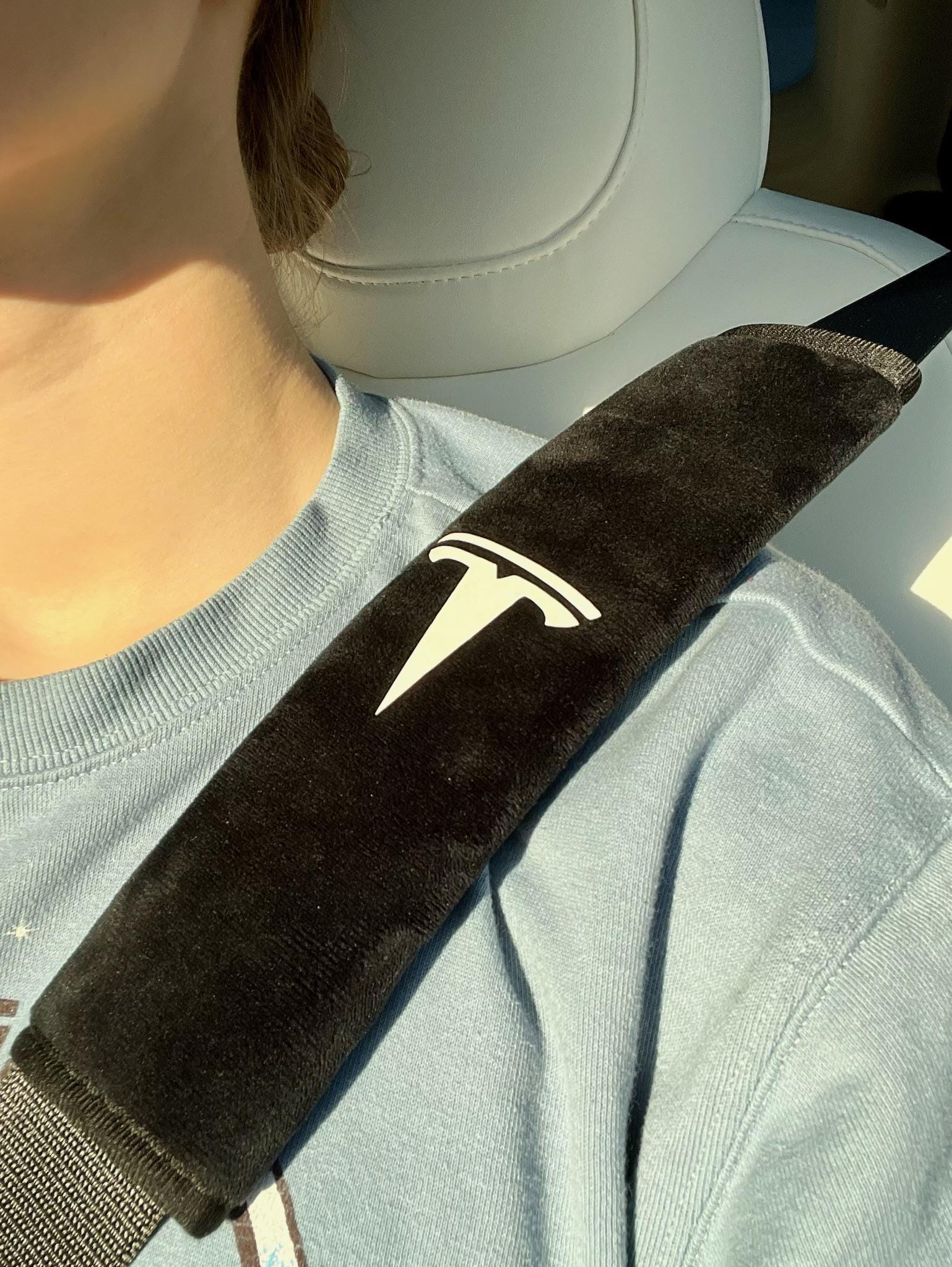2pcs Handmade Plush Tesla Logo Seat Belt Cover | Ultra-Soft Shoulder Pad for Model 3, Y, S, X | Tesla Gift| Made in the USA!