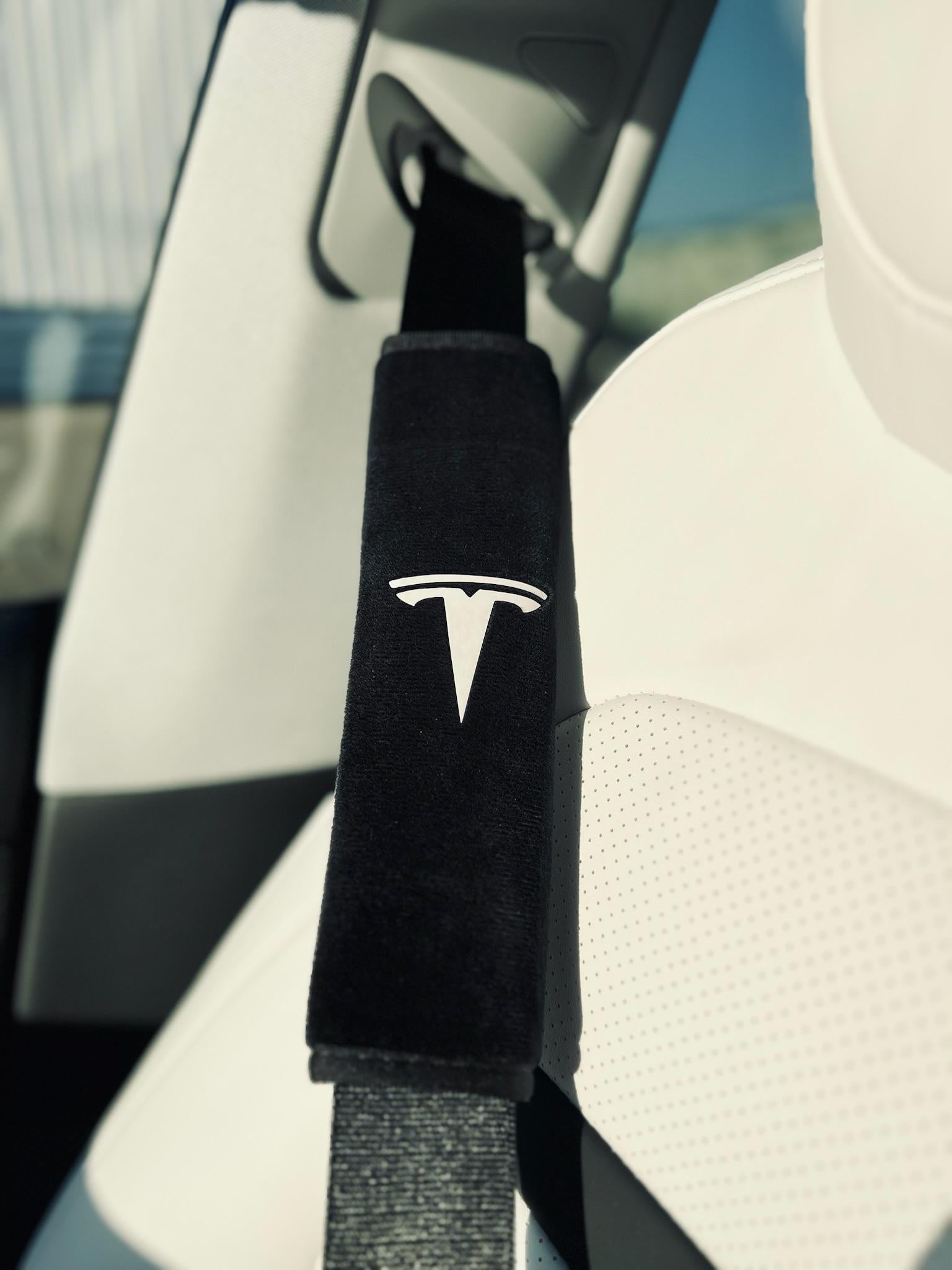 2pcs Handmade Plush Tesla Logo Seat Belt Cover | Ultra-Soft Shoulder Pad for Model 3, Y, S, X | Tesla Gift| Made in the USA!