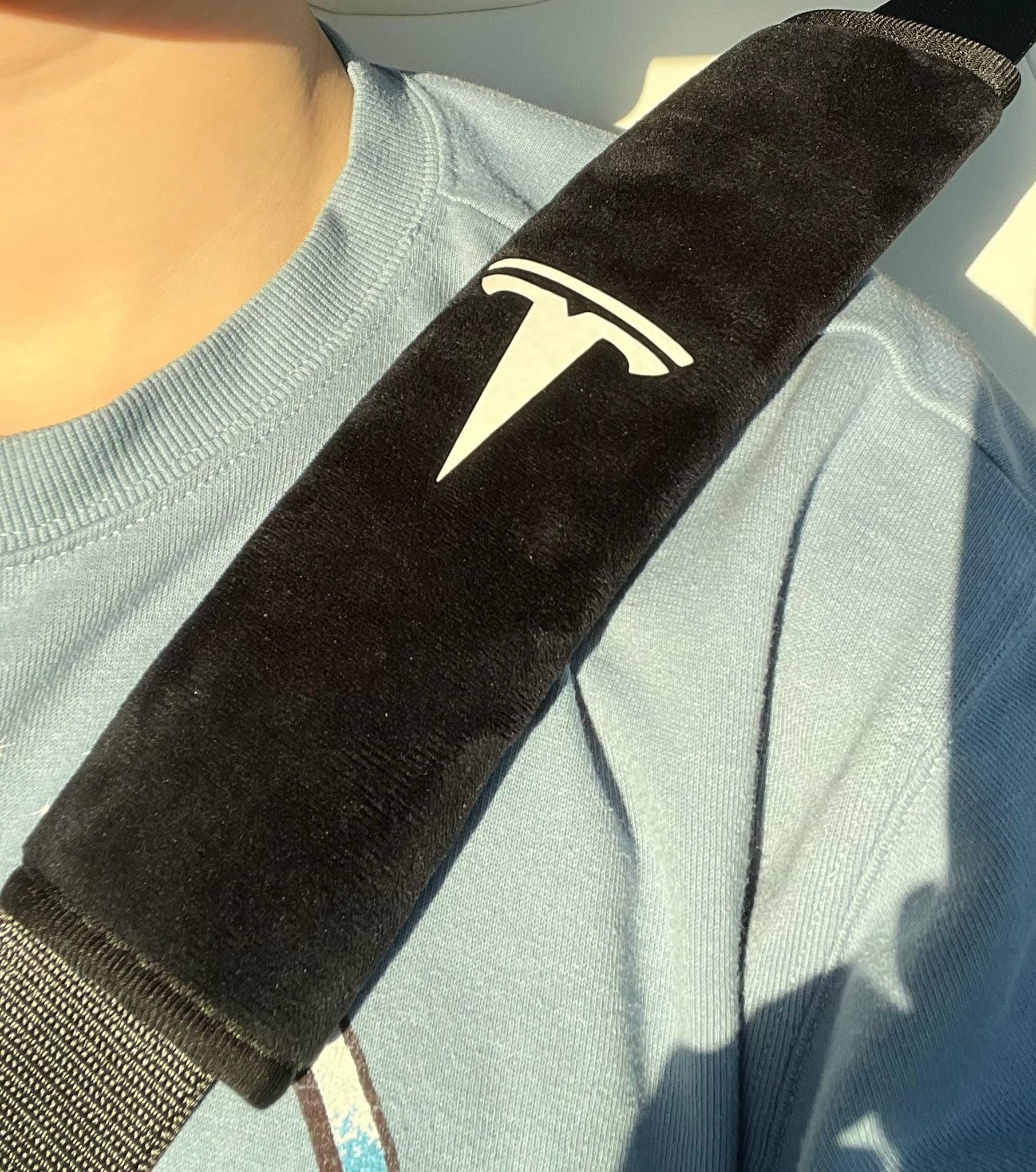2pcs Handmade Plush Tesla Logo Seat Belt Cover | Ultra-Soft Shoulder Pad for Model 3, Y, S, X | Tesla Gift| Made in the USA!