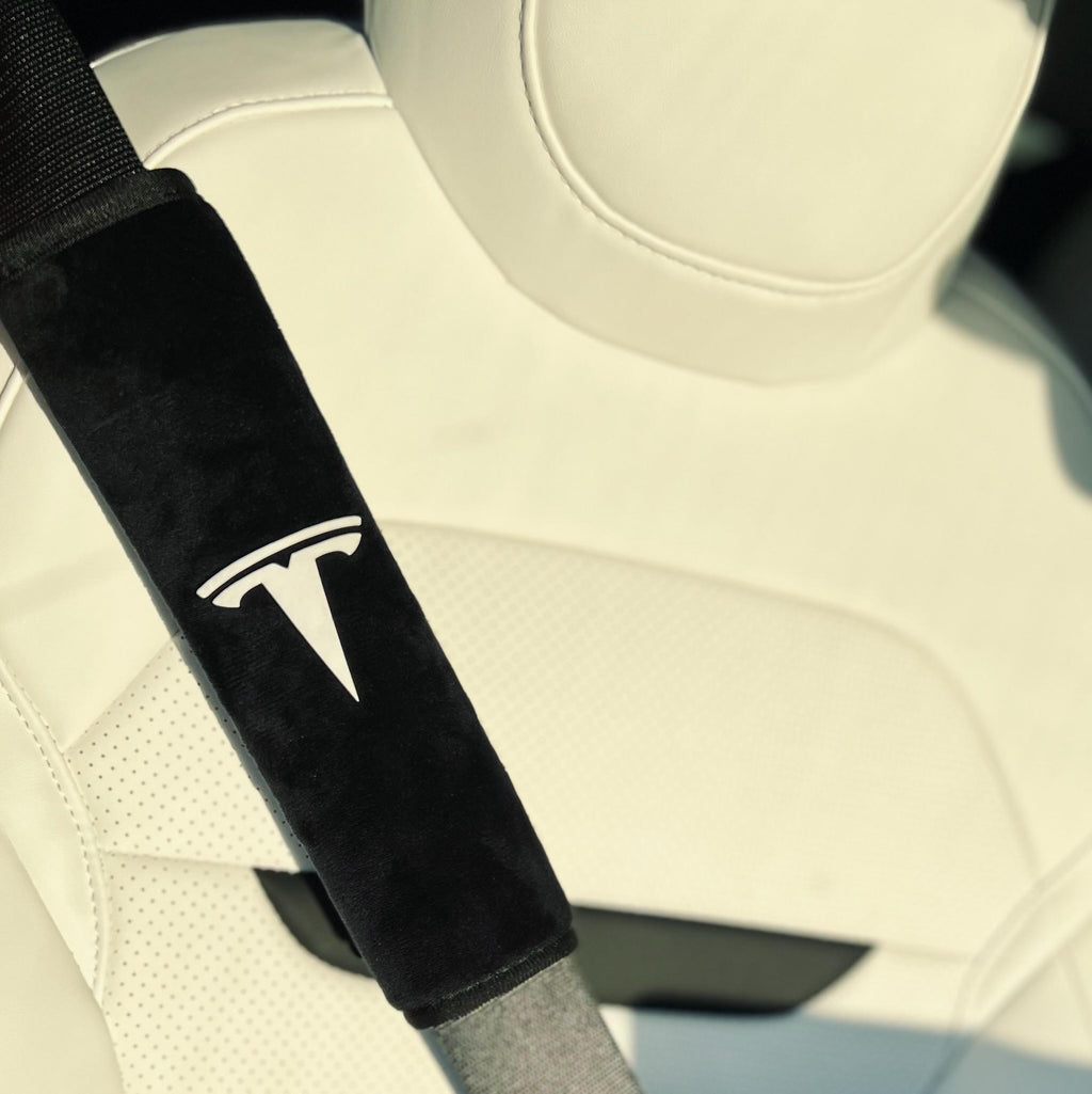 2pcs Handmade Plush Tesla Logo Seat Belt Cover | Ultra-Soft Shoulder Pad for Model 3, Y, S, X | Tesla Gift| Made in the USA!