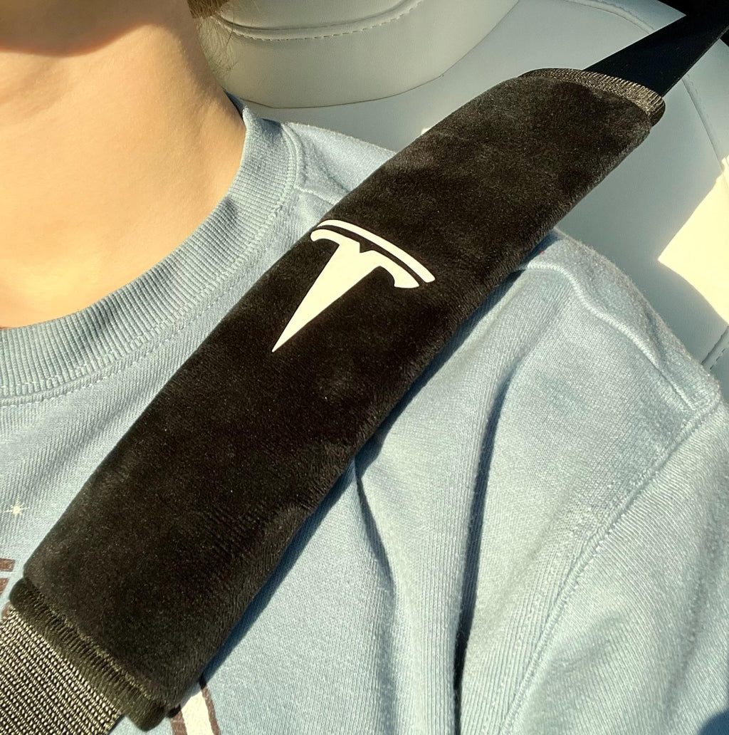 2pcs Handmade Plush Tesla Logo Seat Belt Cover | Ultra-Soft Shoulder Pad for Model 3, Y, S, X | Tesla Gift| Made in the USA!